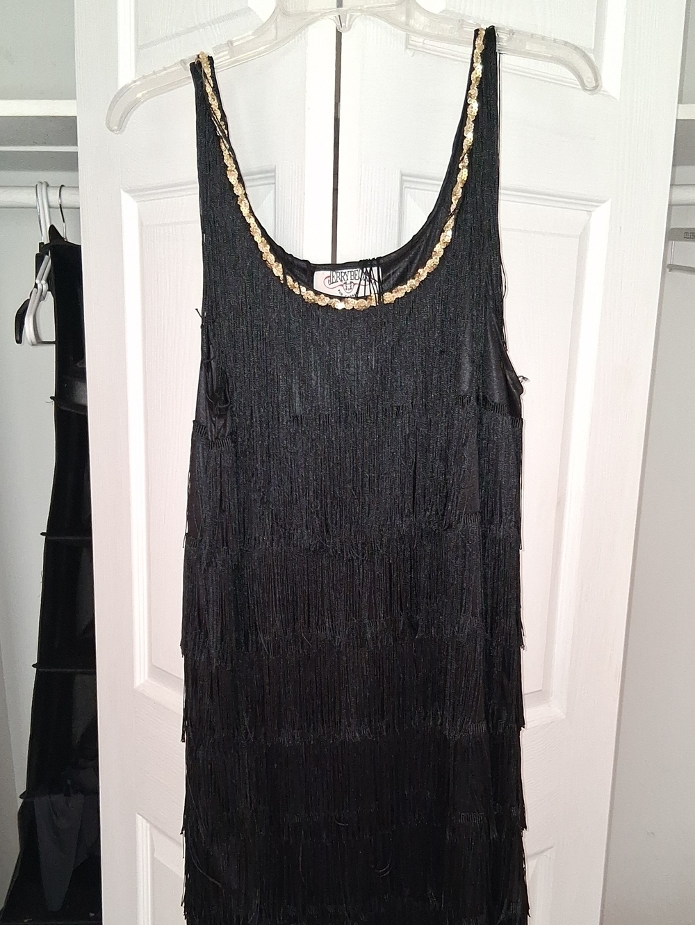 Black Fringed Mini Dress with Gold Sequin Trim